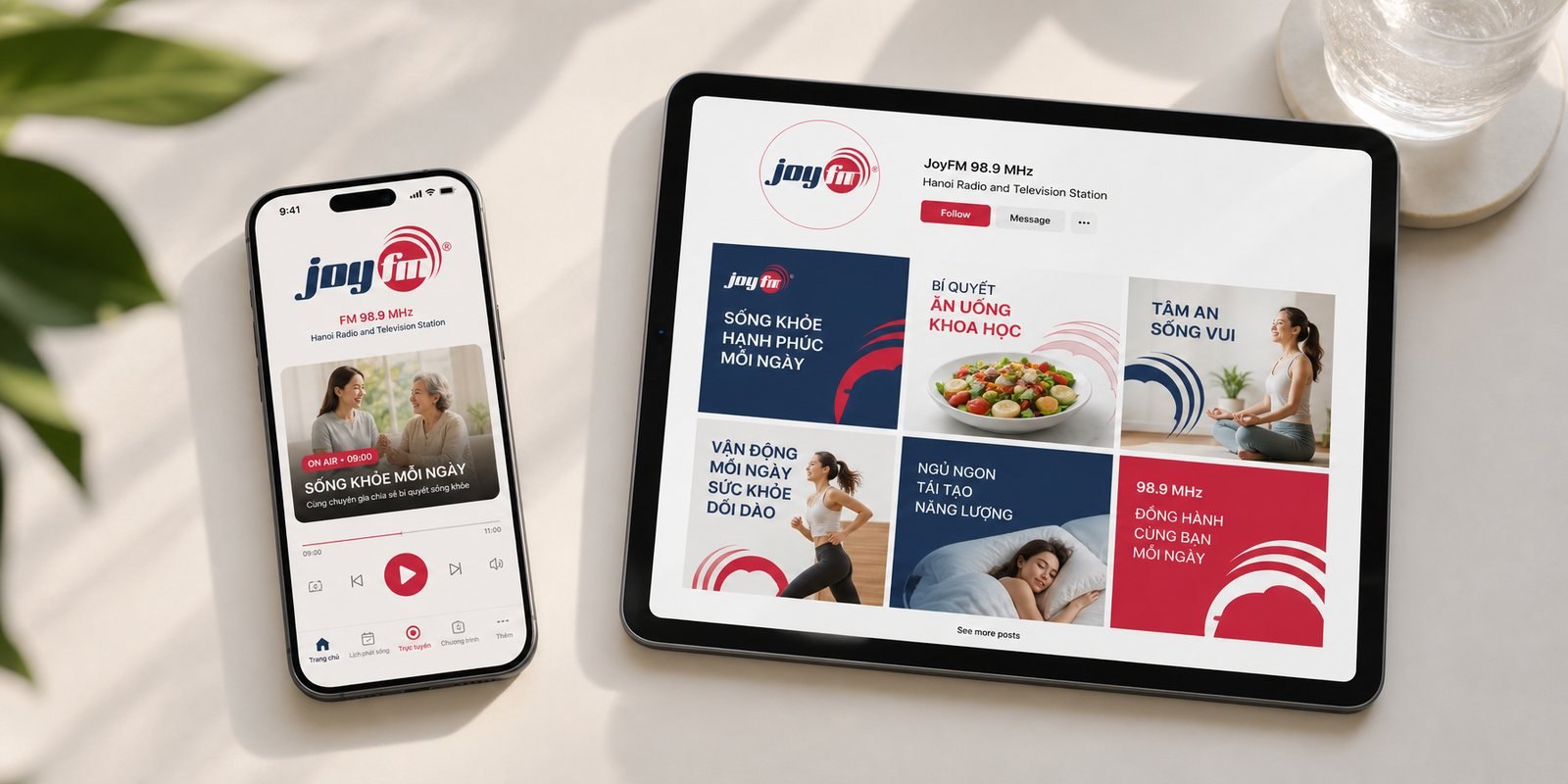 The JoyFM identity on a live-radio app and social-media frames
