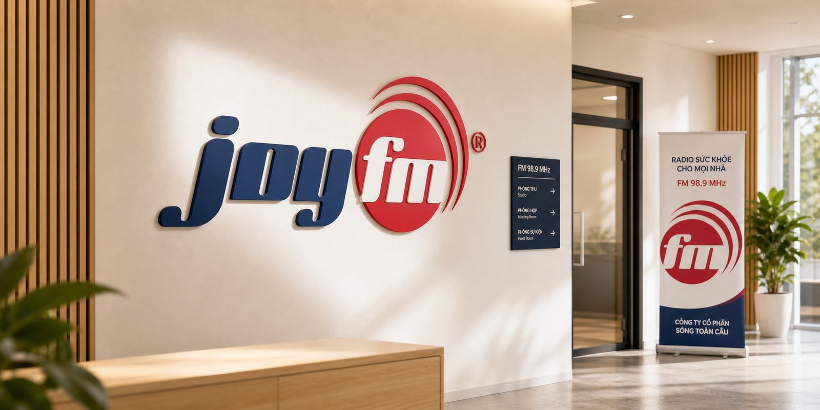 JoyFM lobby signage and a health-event roll-up standee