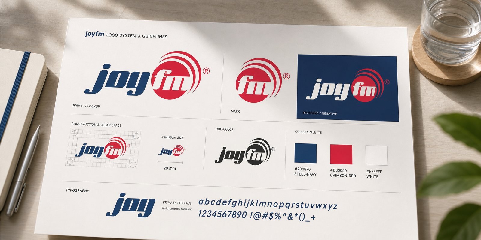 Bảng hệ thống nhận diện JoyFM: logo chính, bản dương, bản âm và các phương án biến thể