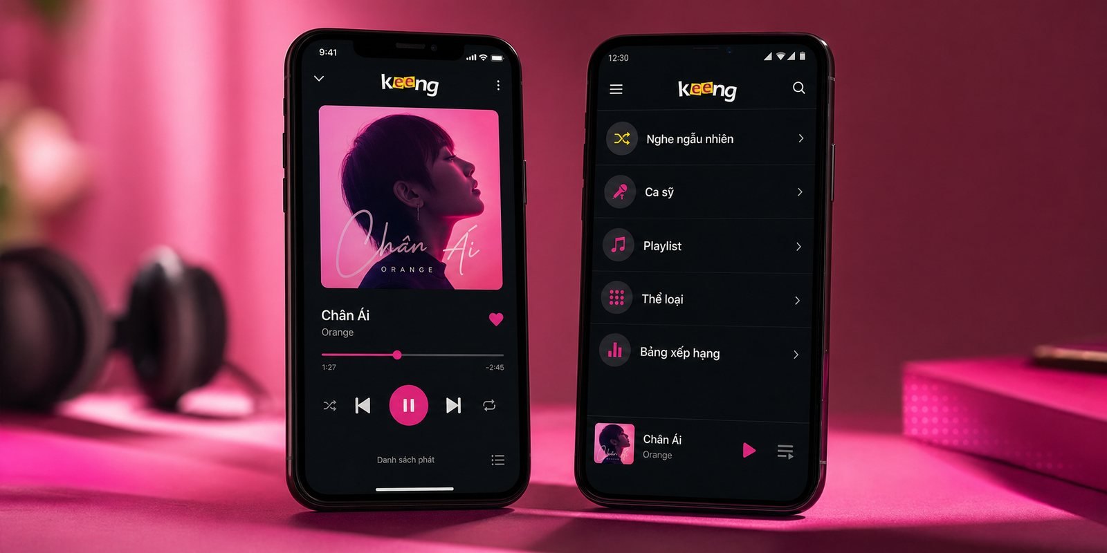 Keeng music app interface on iOS and Android