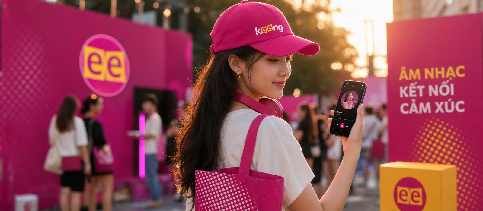 Keeng on a young person's phone, cap and bag