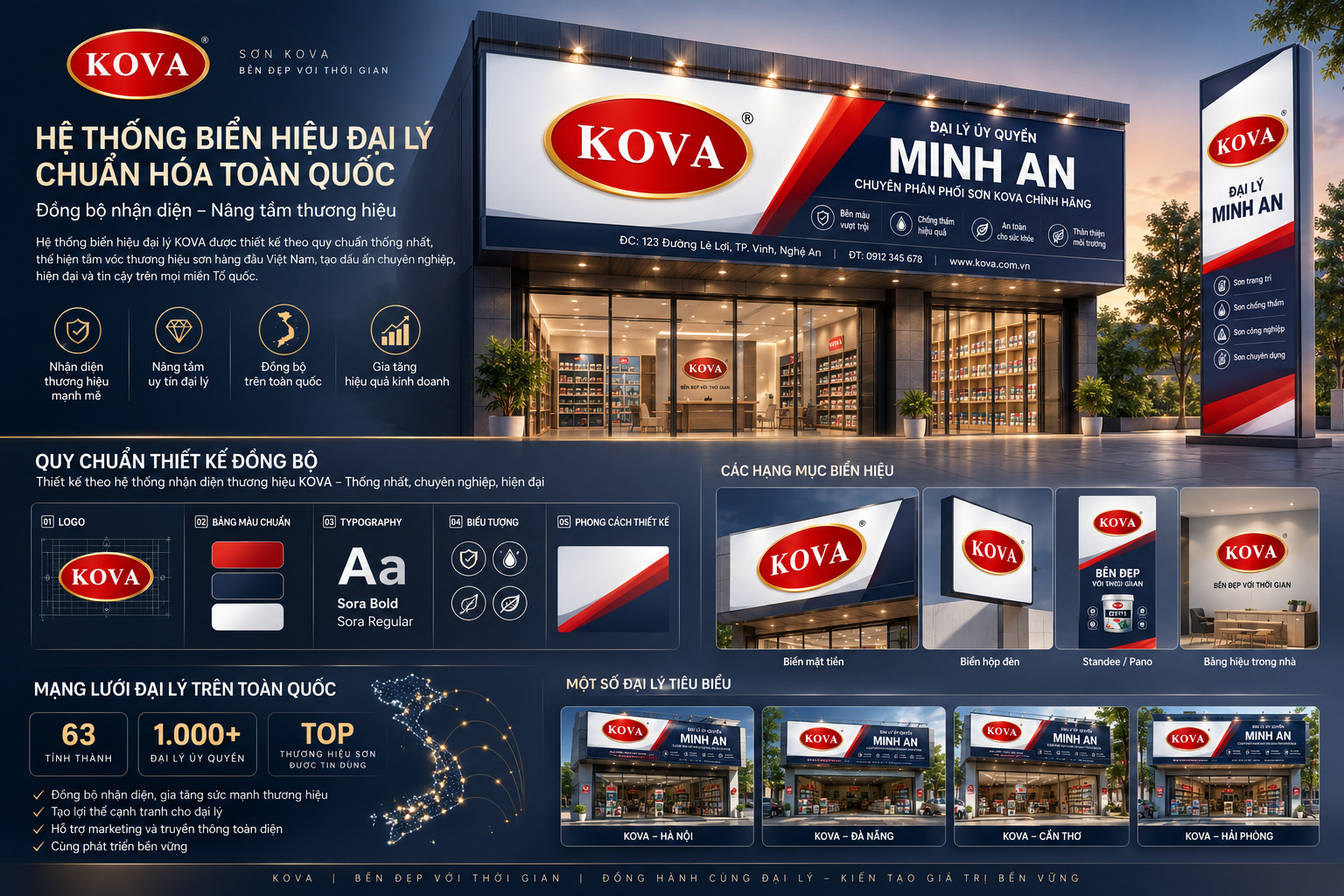 Hệ biển hiệu đại lý · Quy chuẩn đồng bộ trên toàn quốc Bảng quy chuẩn hệ biển hiệu đại lý KOVA, gồm biển mặt tiền, biển hộp đèn, biển đứng và bảng hiệu trong nhà