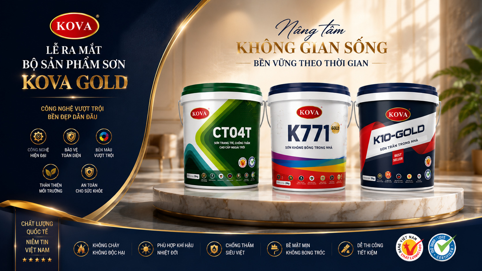 Ba thùng sơn KOVA GOLD trên bục đá dưới dòng chữ nâng tầm không gian sống