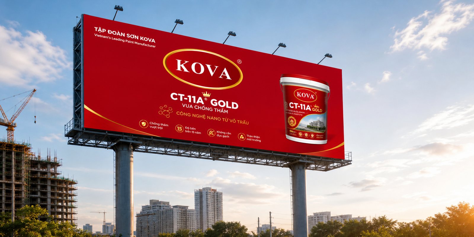 The launch billboard A red KOVA billboard raised beside a construction site