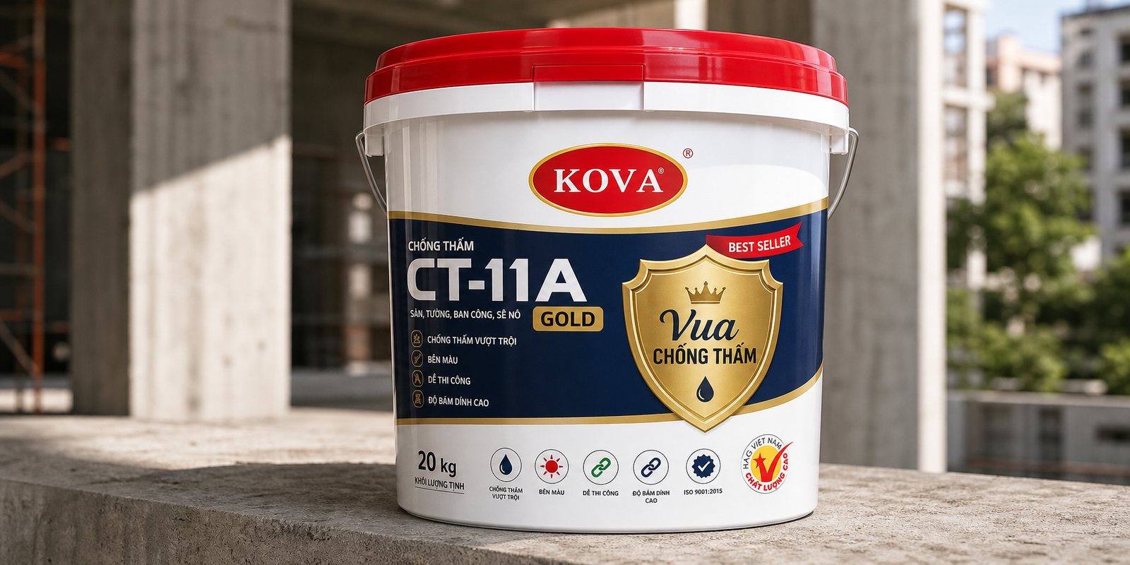 Close-up of the CT-11A GOLD pail with its red lid, the gold King of Waterproofing shield and the row of trust icons