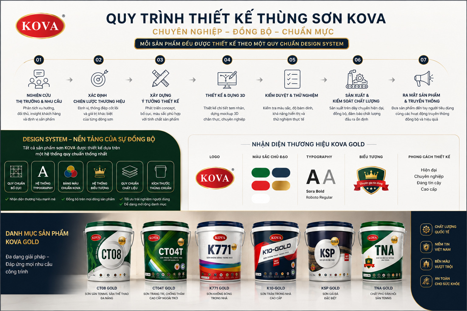 Bảng quy trình thiết kế thùng sơn KOVA bảy bước, kèm sáu trụ của hệ thiết kế và bảng nhận diện KOVA GOLD