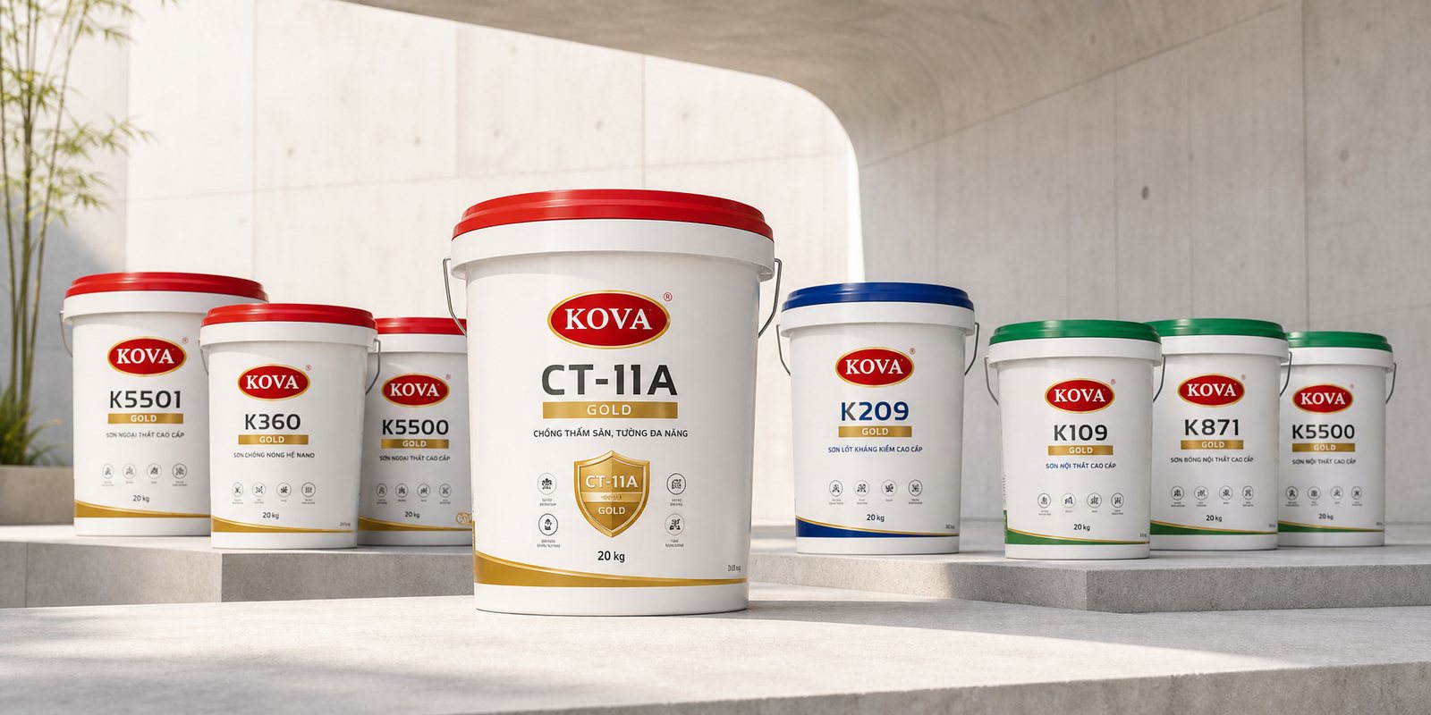 The new KOVA collection of paint pails, the red-lidded CT-11A in the centre, the other lines grouped around it by lid colour