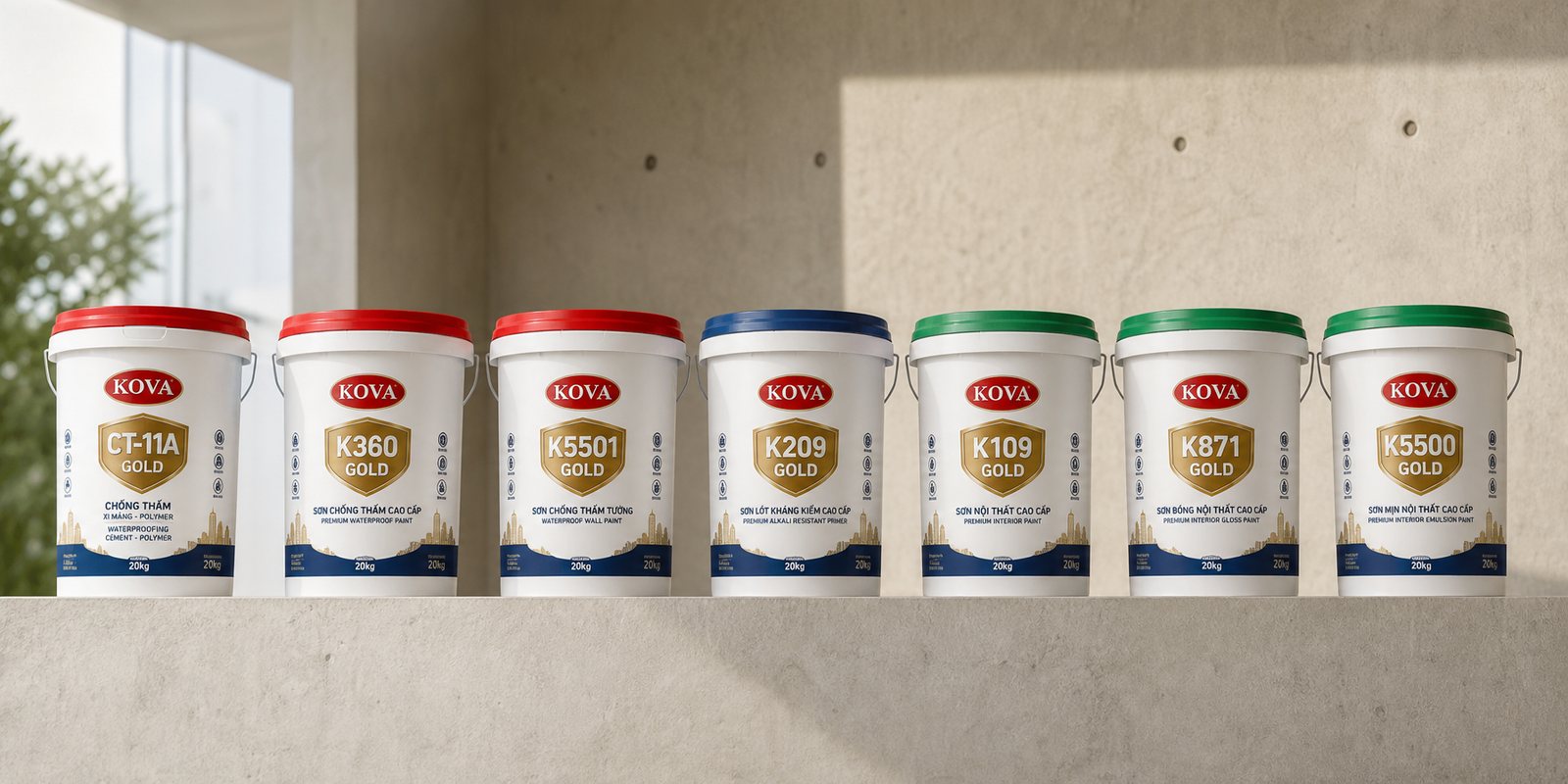 Seven KOVA paint lines grouped into a family by lid colour