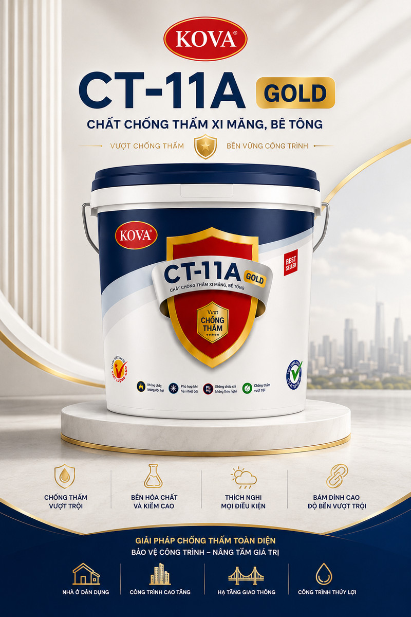 Poster CT-11A GOLD, thùng sơn nắp navy đứng trên bục tròn, huy hiệu khiên vàng Vua Chống Thấm ở giữa