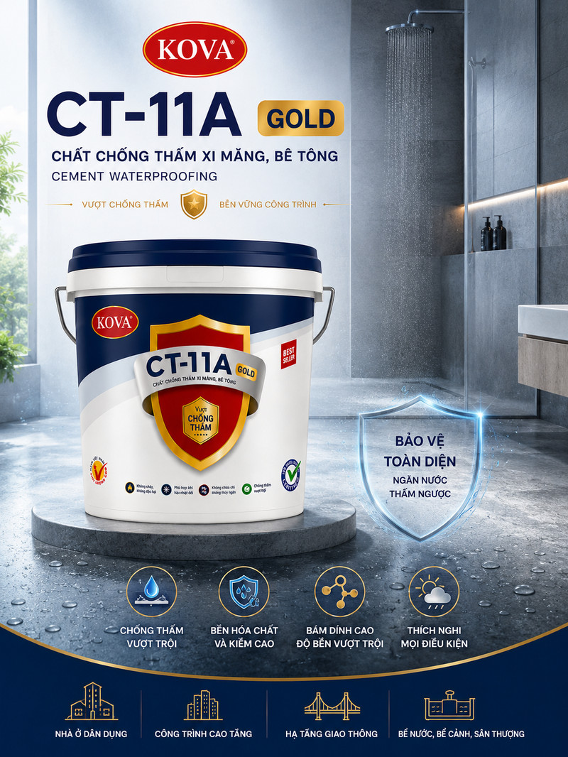 CT-11A GOLD · Bản song ngữ, bối cảnh phòng tắm Poster CT-11A GOLD song ngữ đặt trong phòng tắm, khiên bảo vệ toàn diện ngăn nước thấm ngược
