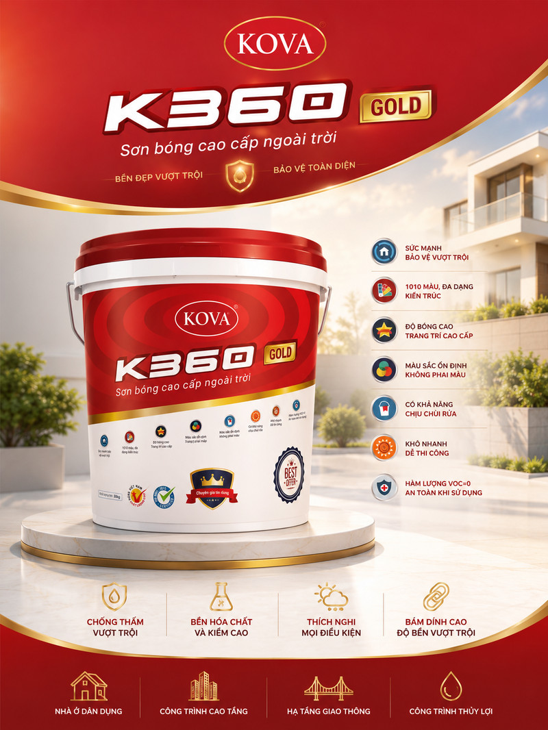Poster K360 GOLD nền đỏ, thùng sơn trắng đỏ trên bục, dải bảy ký hiệu tính năng bên phải