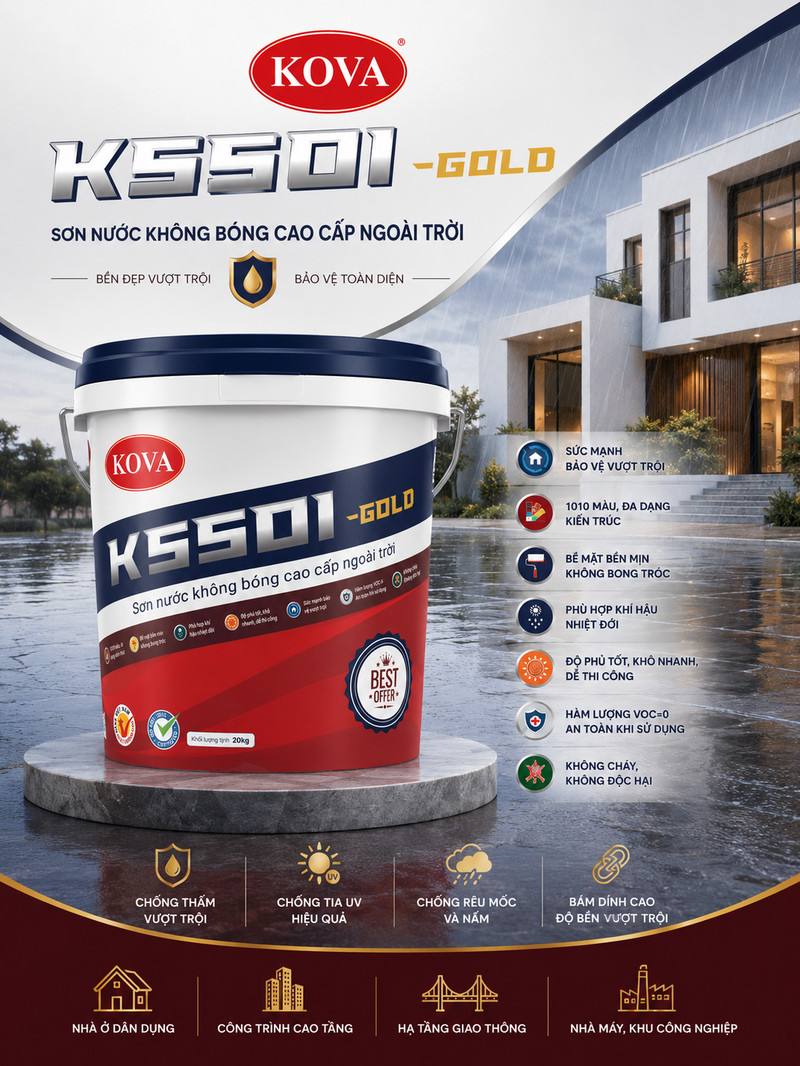 K5501-GOLD · Sơn nước không bóng cao cấp ngoài trời Poster K5501-GOLD, tên dòng dập nổi kim loại trên dải navy, nền biệt thự sau mưa