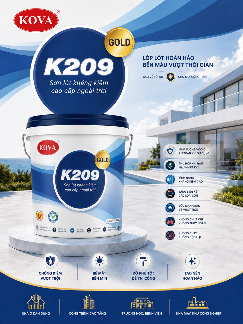K209 GOLD · Sơn lót kháng kiềm cao cấp ngoài trời Poster K209 GOLD tông xanh dương, tên dòng trong đĩa tròn, nền công trình ven biển