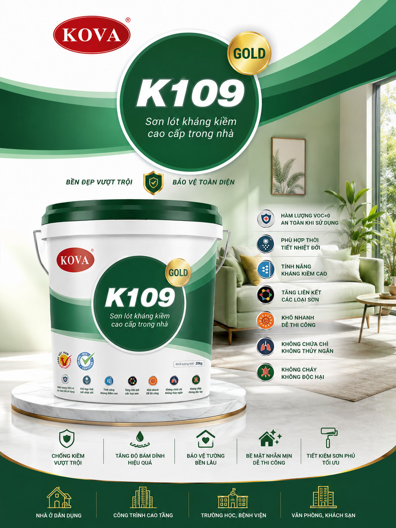 Poster K109 GOLD tông xanh lá, thùng sơn trước phòng khách sáng, đĩa tròn mang tên dòng