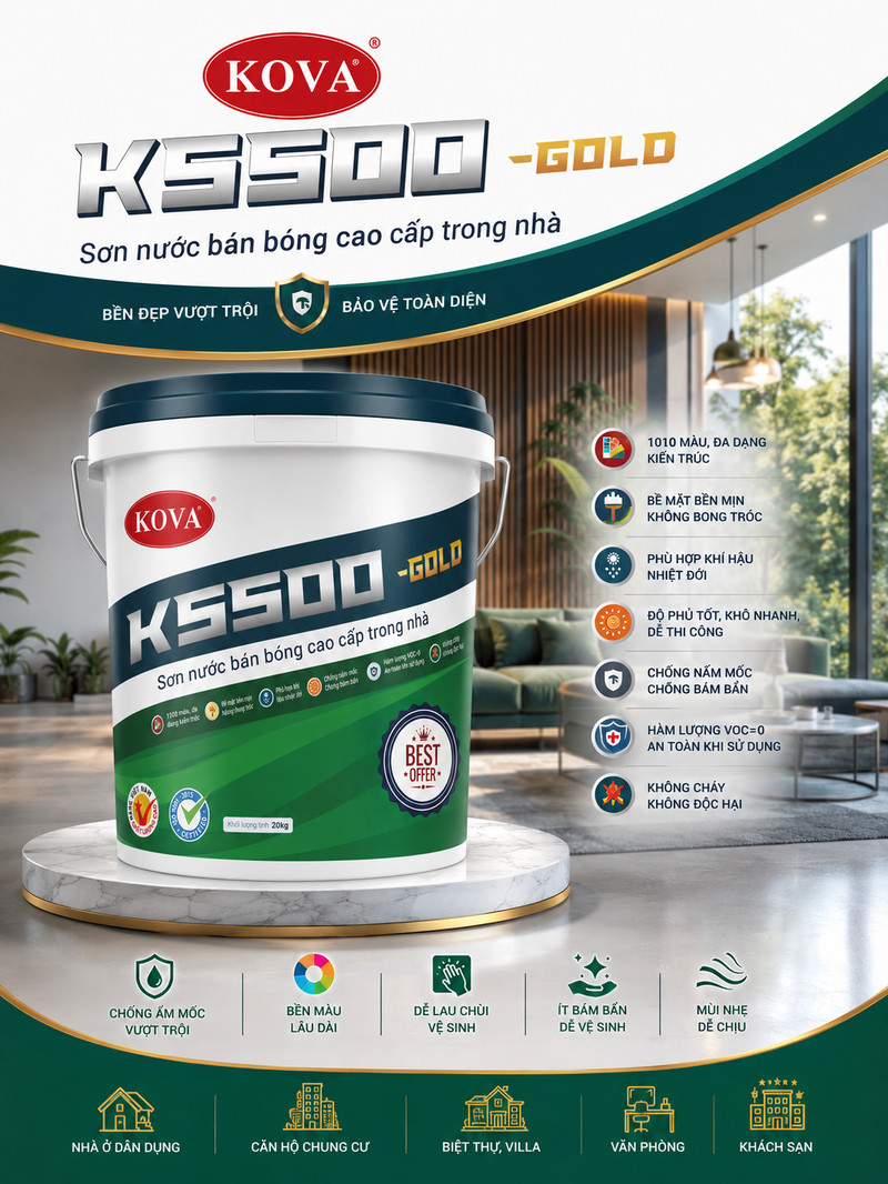 Poster K5500-GOLD, tên dòng dập nổi trên dải trắng, dải ứng dụng nhà ở, căn hộ, khách sạn