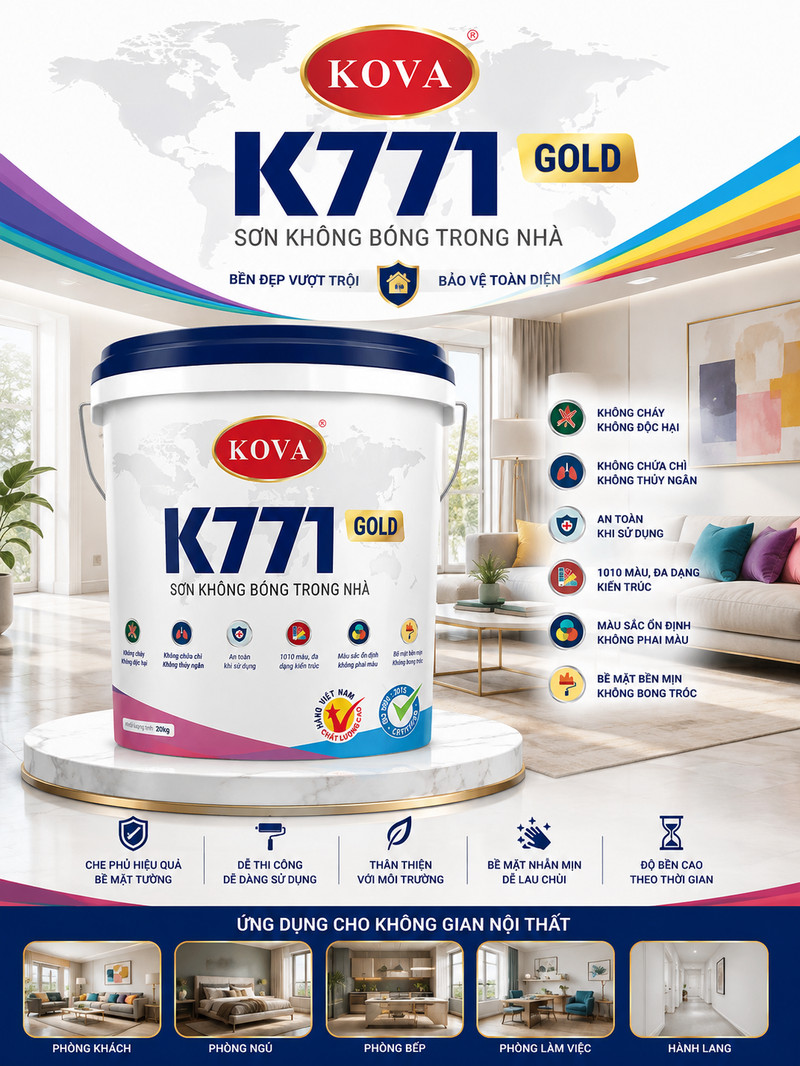 K771 GOLD · Sơn không bóng trong nhà Poster K771 GOLD nền bản đồ thế giới, dải màu cầu vồng bên phải, dải ảnh nội thất dưới chân