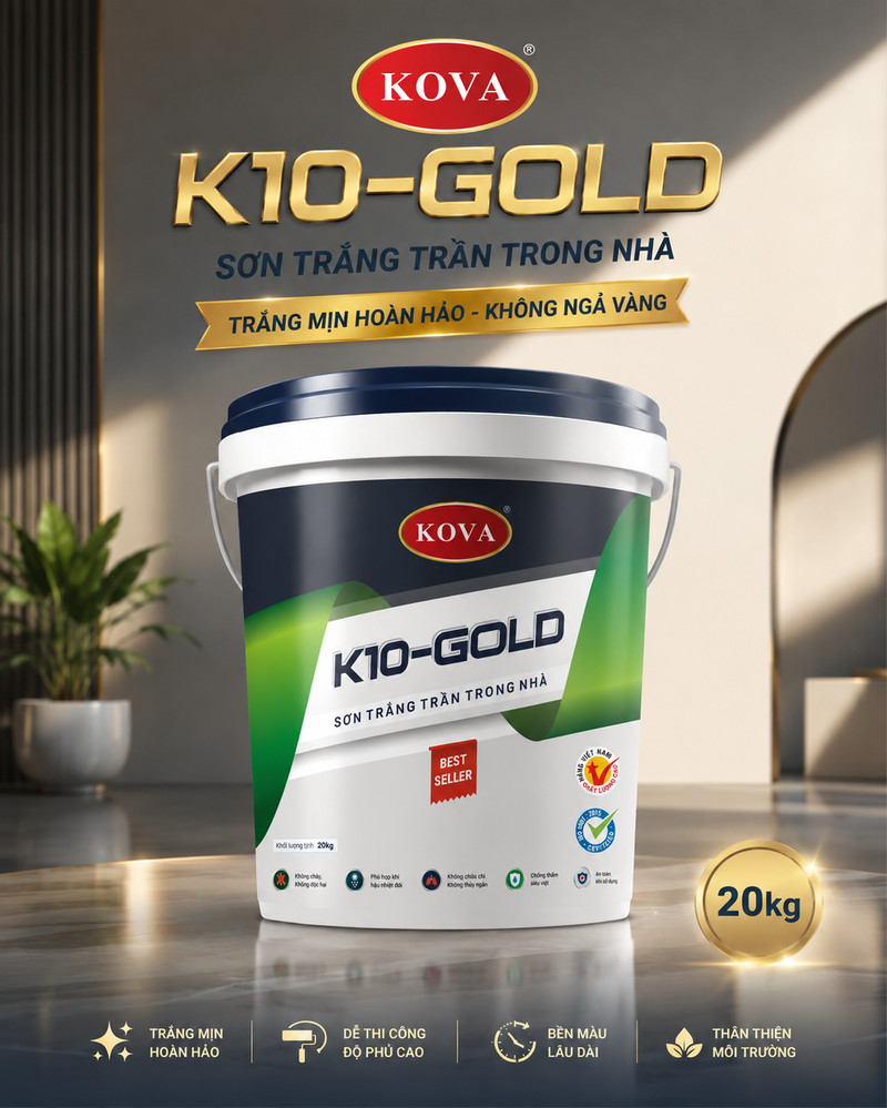 K10-GOLD · Sơn trắng trần trong nhà Poster K10-GOLD nền tối, chữ vàng kim, huy hiệu tròn ghi hai mươi ki lô gam