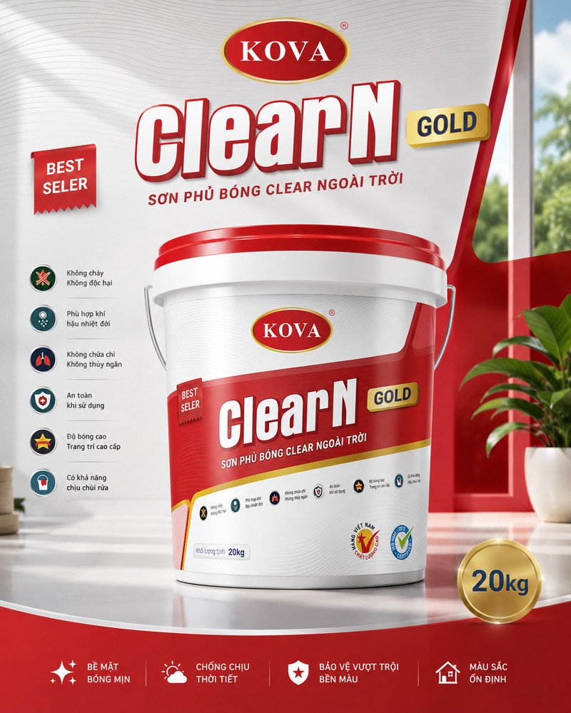 ClearN GOLD · Sơn phủ bóng clear ngoài trời Poster ClearN GOLD tông đỏ, cờ bán chạy nhất bên trái, sáu ký hiệu tính năng xếp dọc