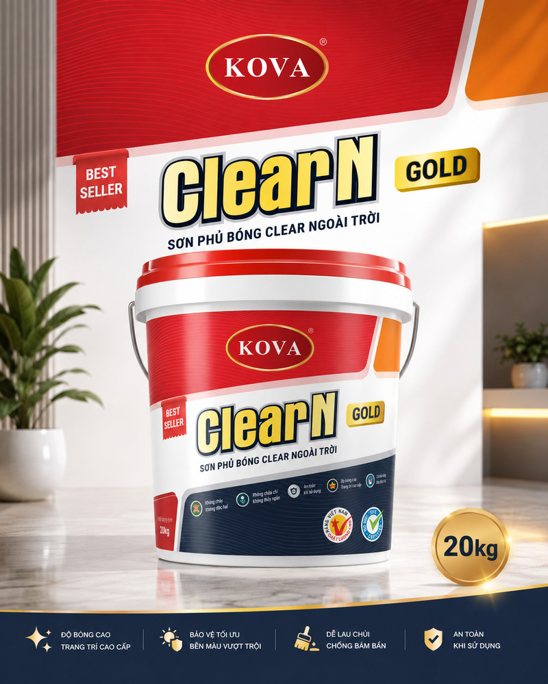 Poster ClearN GOLD bản đỏ cam, thùng sơn nắp đỏ trên nền hình khối kiến trúc
