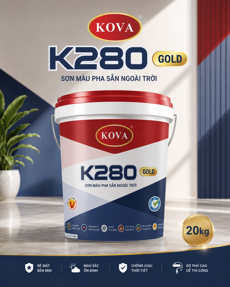 Poster K280 GOLD navy và đỏ, thùng sơn nắp đỏ đặt trước lối vào nhà