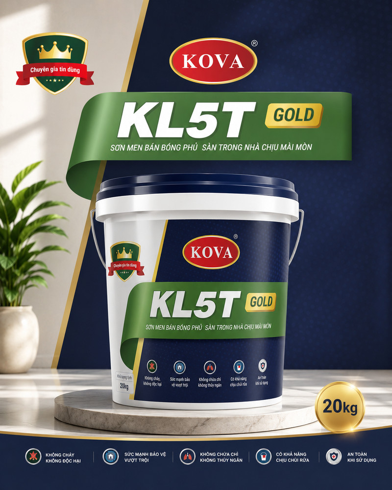 KL5T GOLD · Sơn men bán bóng phủ sàn trong nhà chịu mài mòn Poster KL5T GOLD, dải ruy băng xanh lá mang tên dòng, huy hiệu chuyên gia tin dùng góc trái