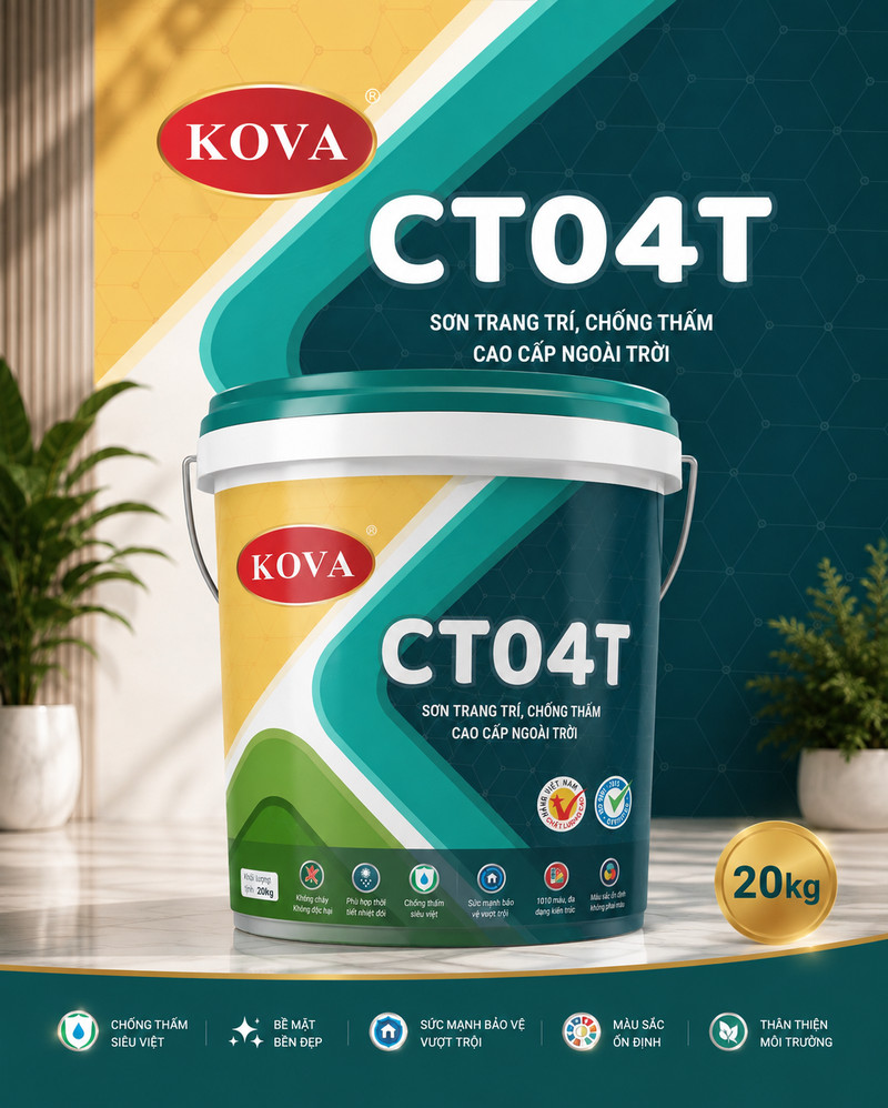 CT04T · Sơn trang trí, chống thấm cao cấp ngoài trời Poster CT04T tông xanh ngọc và vàng, thùng sơn nắp trắng giữa khung hình lượn sóng