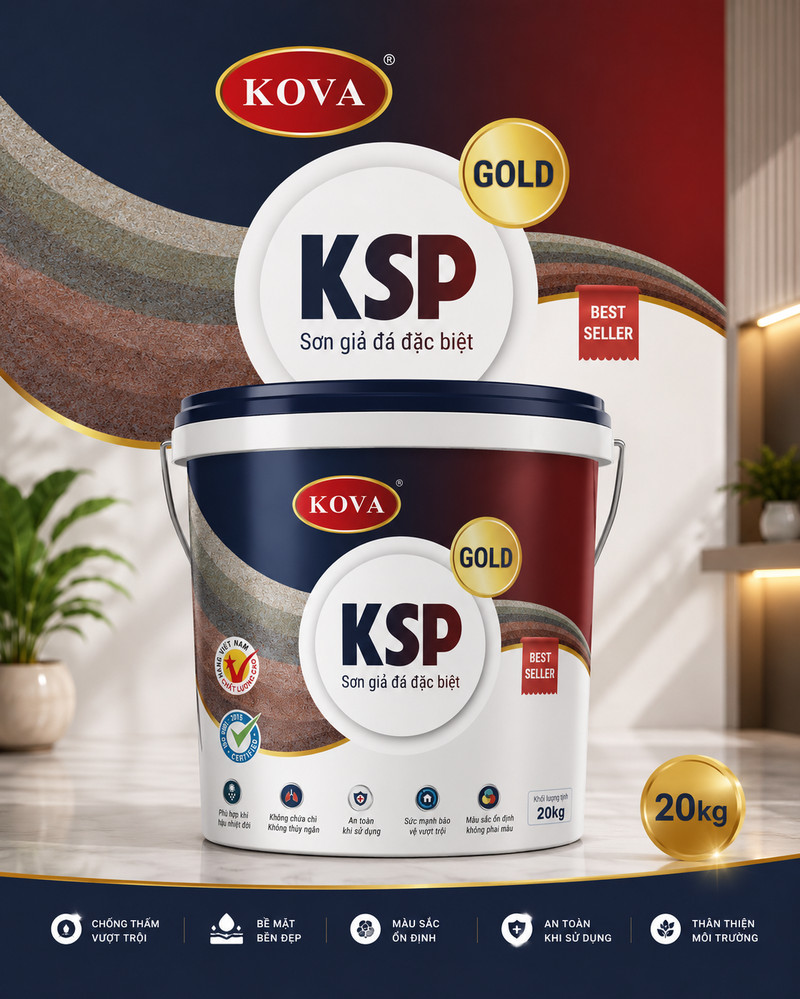 Poster KSP GOLD, dải vân đá nhiều màu chạy ngang trên đầu, đĩa tròn trắng mang tên dòng