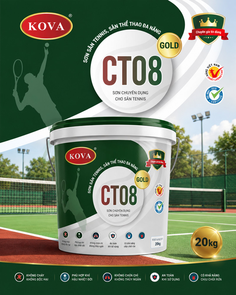 CT08 GOLD · Sơn chuyên dụng cho sân tennis Poster CT08 GOLD nền xanh lá đậm, bóng người cầm vợt, thùng sơn đặt trên mặt sân