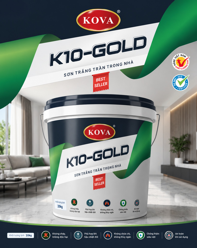 Poster K10-GOLD bản xanh lá, dải lụa xanh vắt qua đỉnh, thùng sơn trước phòng khách