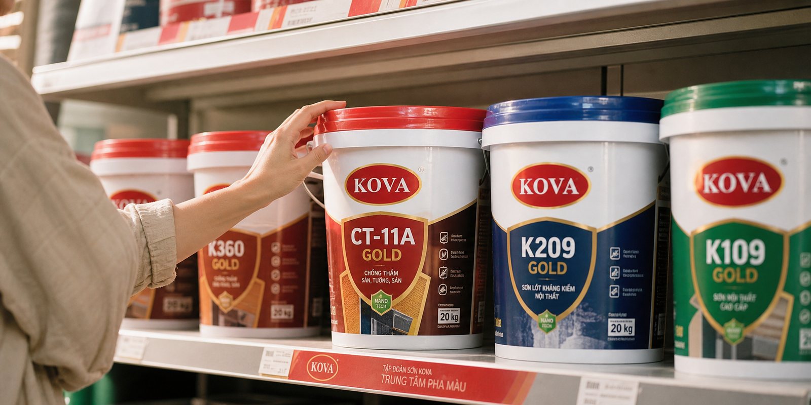 On the dealer shelf KOVA pails on a dealer shelf, lid colours readable from a distance