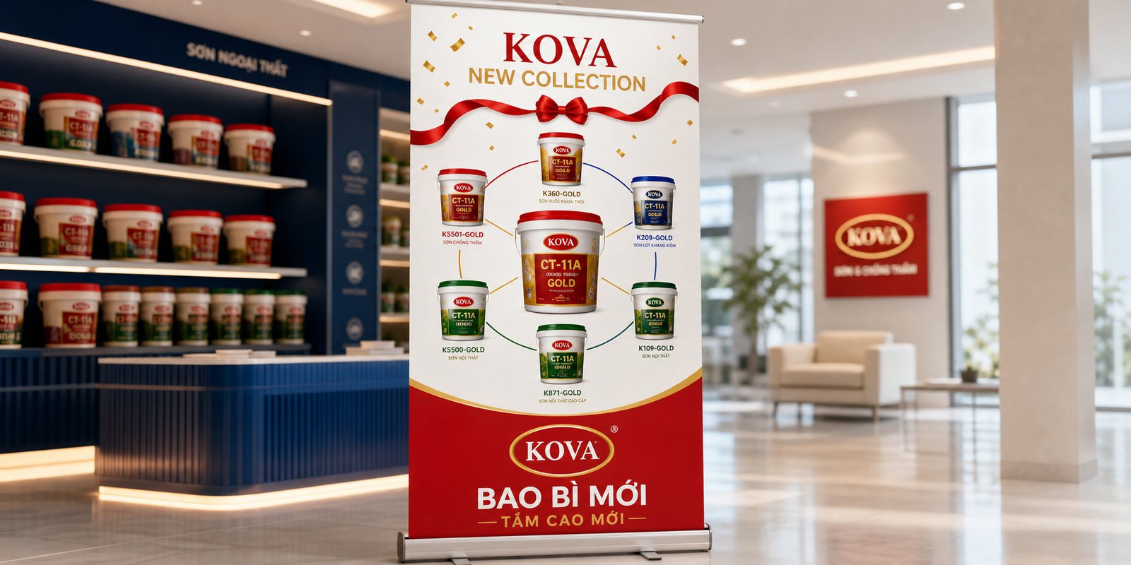 KOVA New Collection standee showing the seven product lines around CT-11A at the point of sale