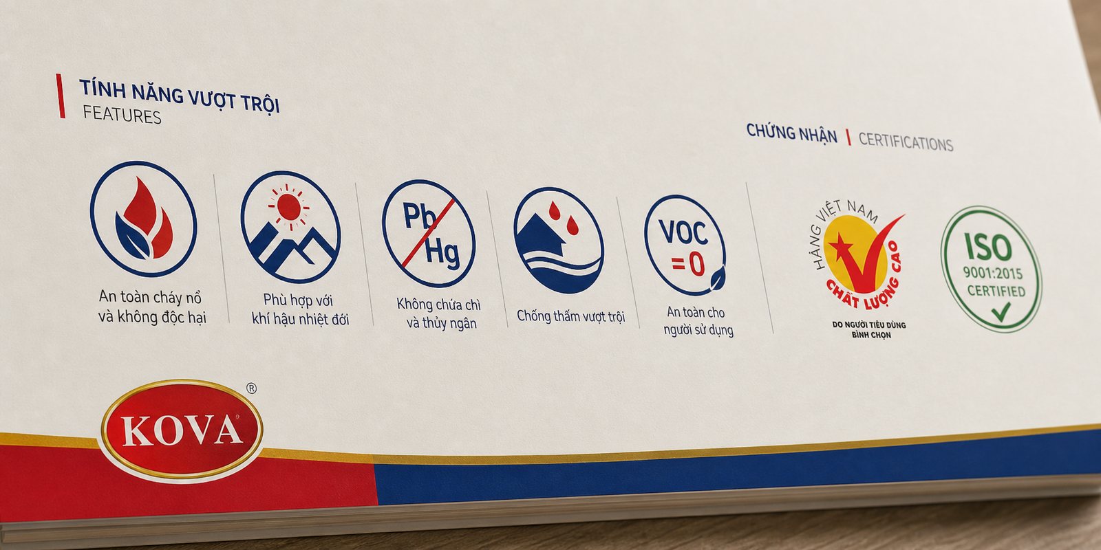 The feature-icon system and quality seals on KOVA packaging