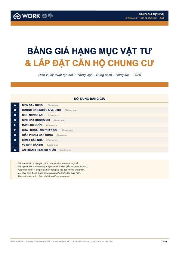 Bảng giá hạng mục vật tư và lắp đặt căn hộ chung cư khổ A4 nền kem