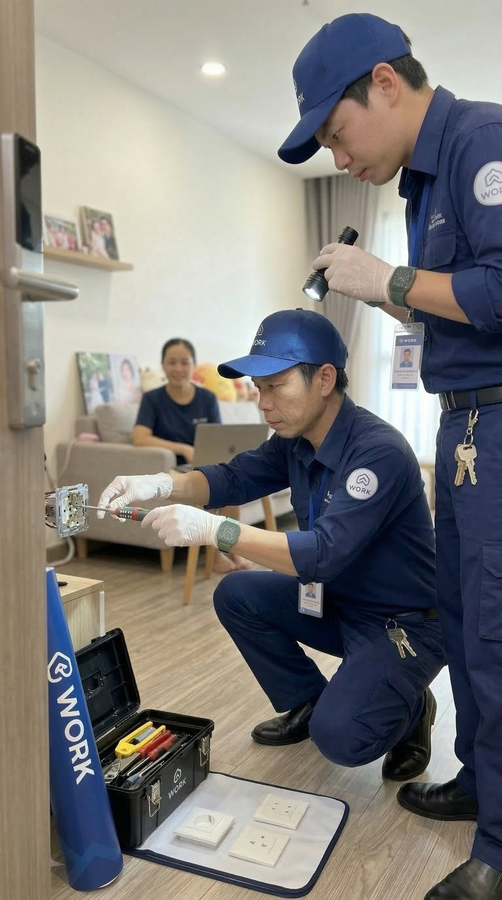 Hai kỹ thuật viên kythuat.work thay đèn và mở thùng đồ nghề trong phòng khách căn hộ