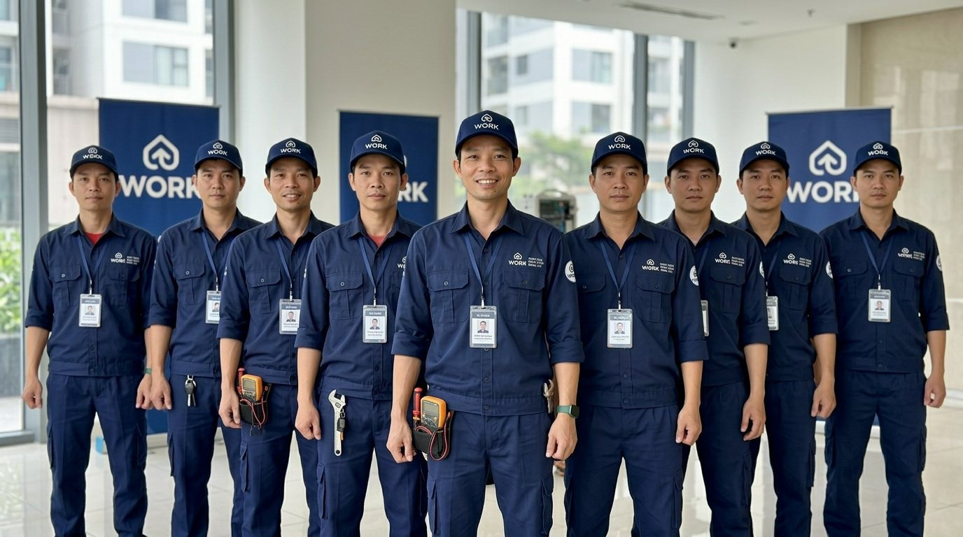 Đội kỹ thuật kythuat.work xếp hàng trước sảnh chung cư bên standee thương hiệu