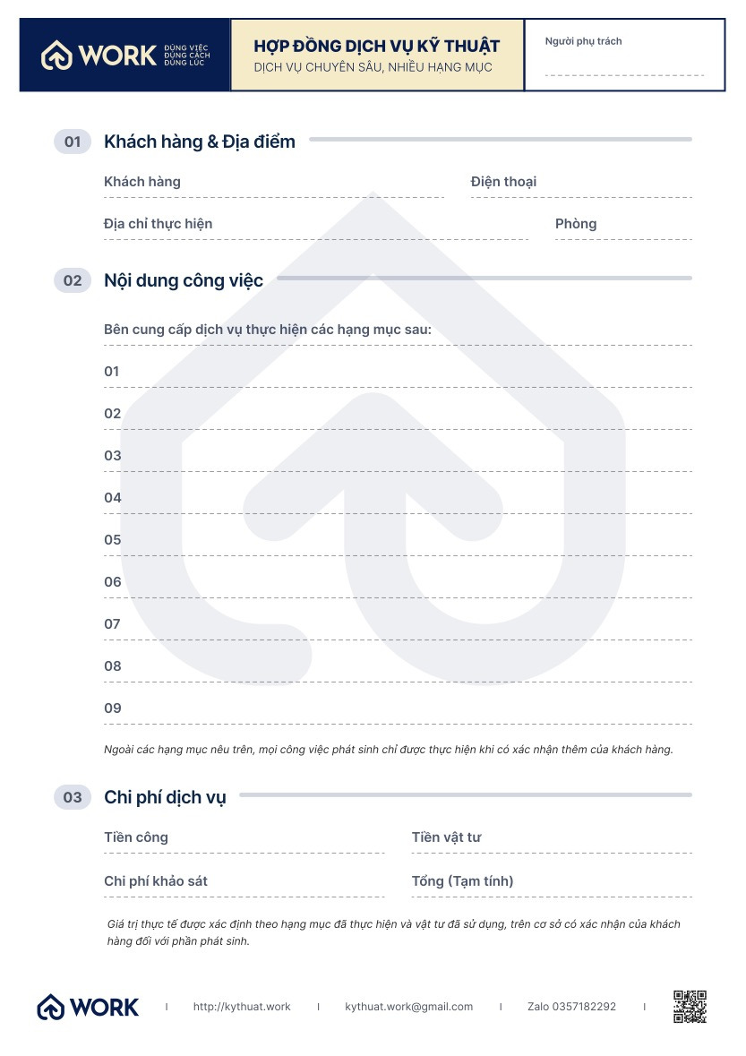 Hợp đồng dịch vụ · Kỹ thuật căn hộ Hợp đồng dịch vụ kỹ thuật kythuat.work khổ A4 với ô điền khách hàng, nội dung công việc và chi phí