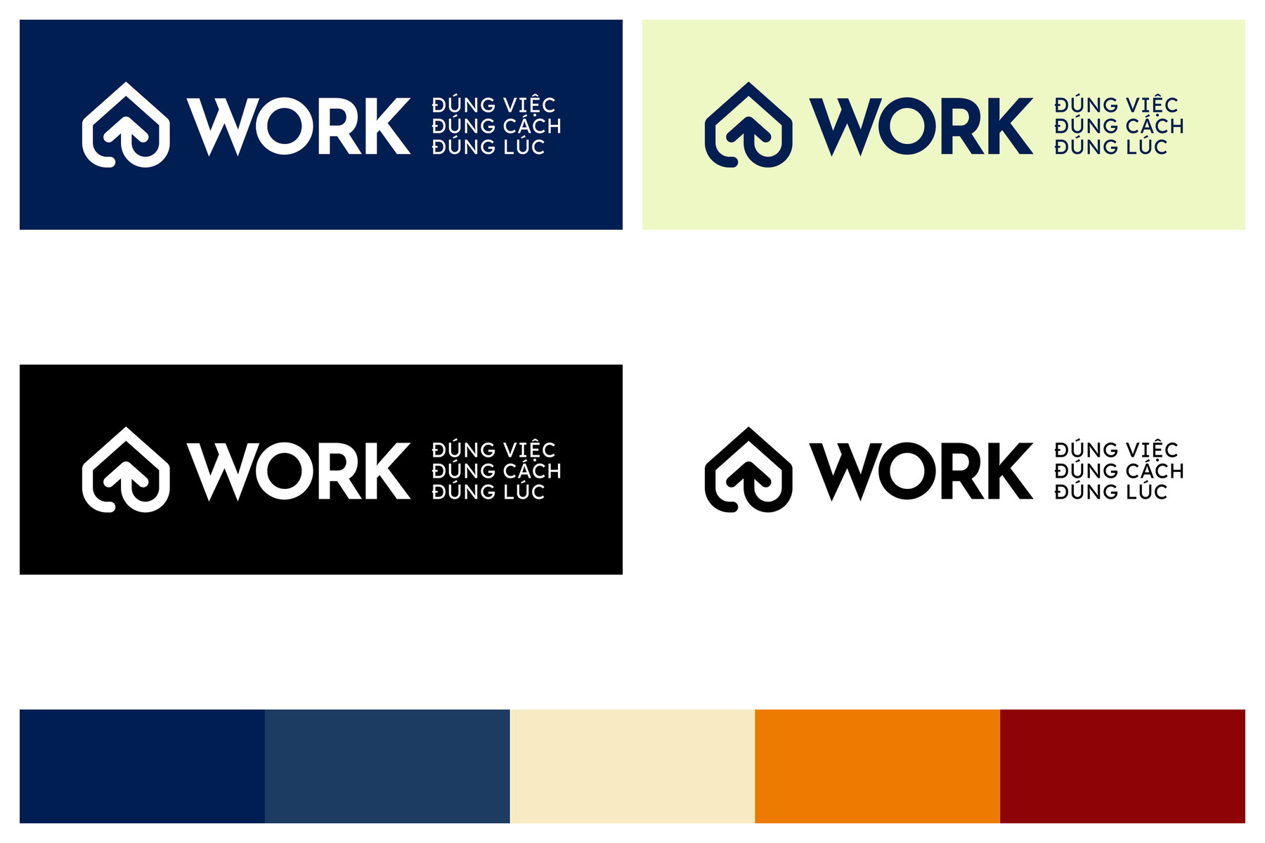 Hệ nhận diện kythuat.work: logo trên bốn nền navy, kem, đen, trắng cùng bảng màu thương hiệu