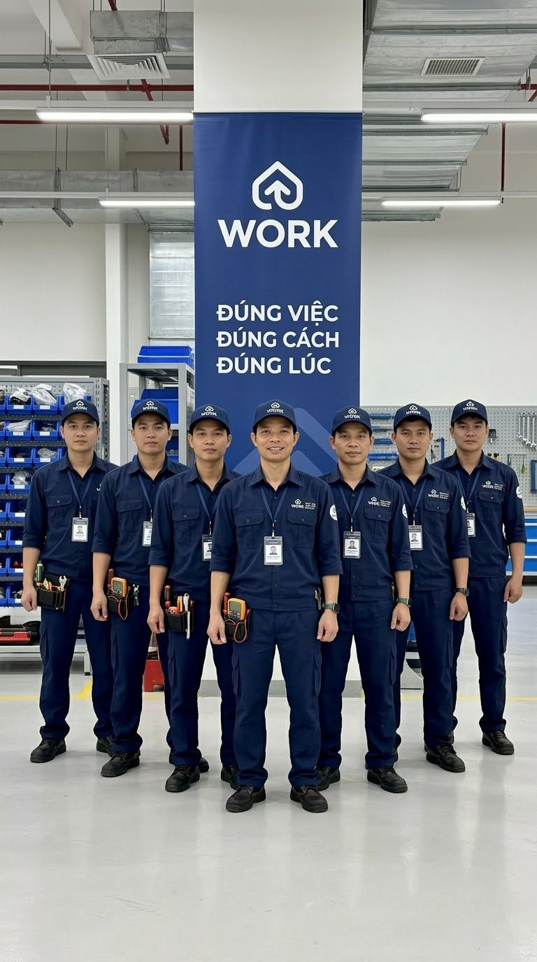 Đội kỹ thuật kythuat.work xếp hàng trong kho vật tư bên standee thương hiệu