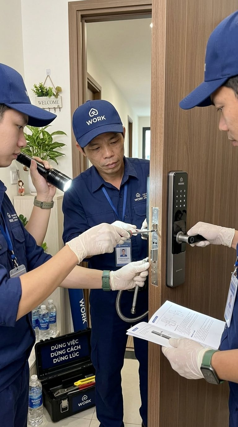 Kỹ thuật viên kythuat.work lắp khóa vân tay cho cửa căn hộ, chủ nhà đứng ghi biên bản