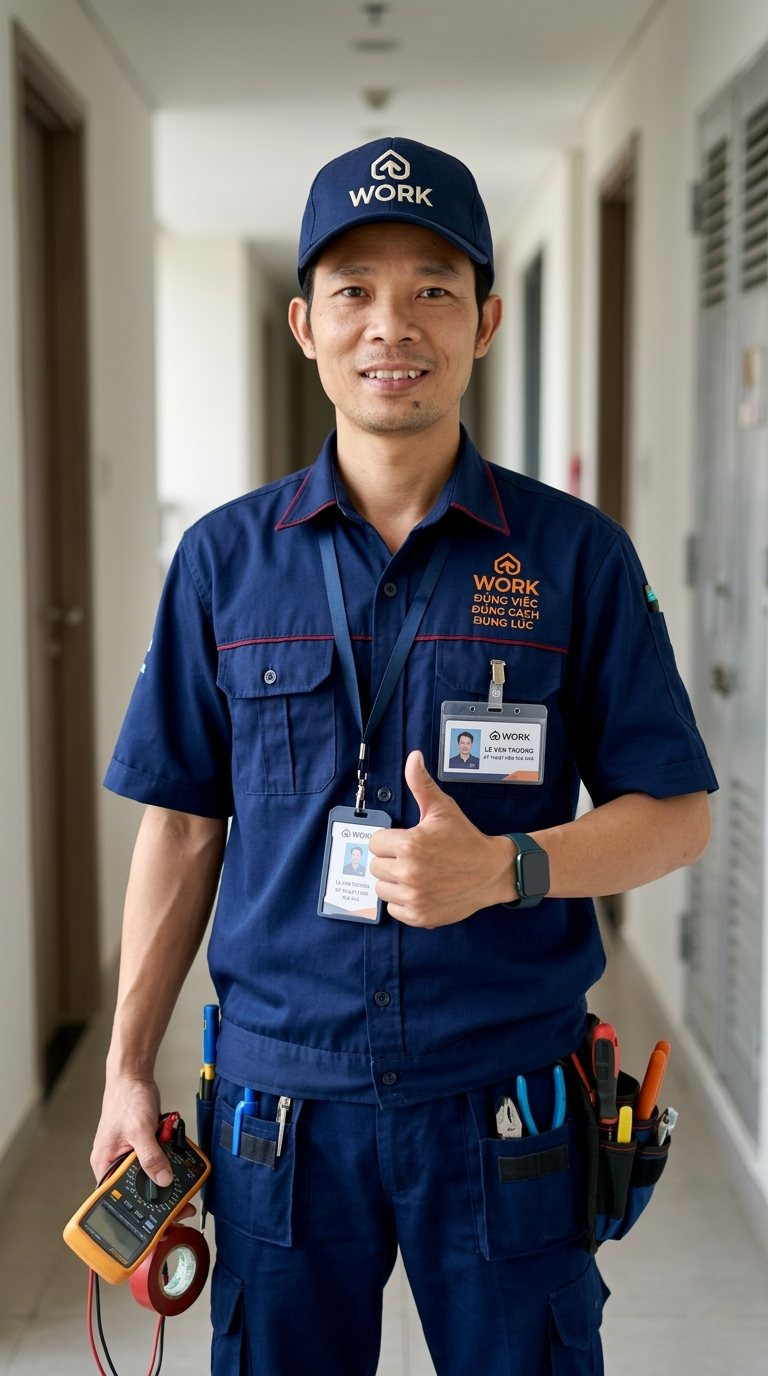 Thẻ tên và đồng phục · Nhận ra trước khi mở cửa Kỹ thuật viên kythuat.work mặc đồng phục navy, đeo thẻ nhân viên, cầm đồng hồ đo điện
