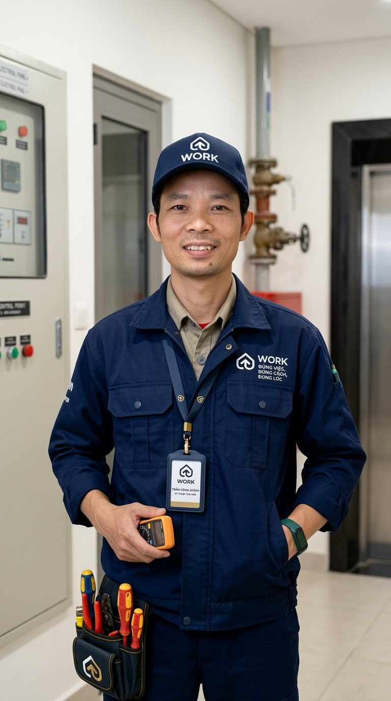 Kỹ thuật viên kythuat.work đứng trong hành lang căn hộ với đồng phục và thẻ nhân viên