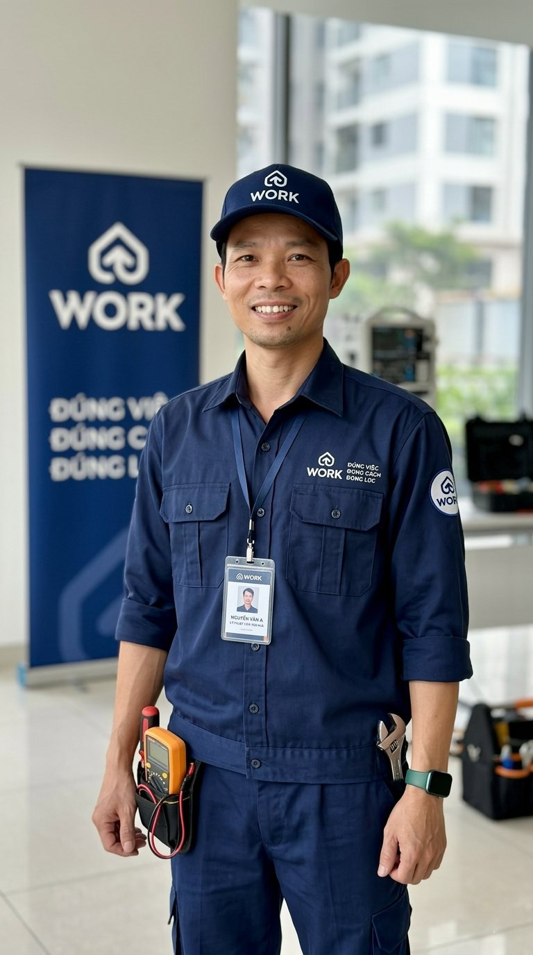 Kỹ thuật viên kythuat.work đứng trước standee thương hiệu ở sảnh chung cư