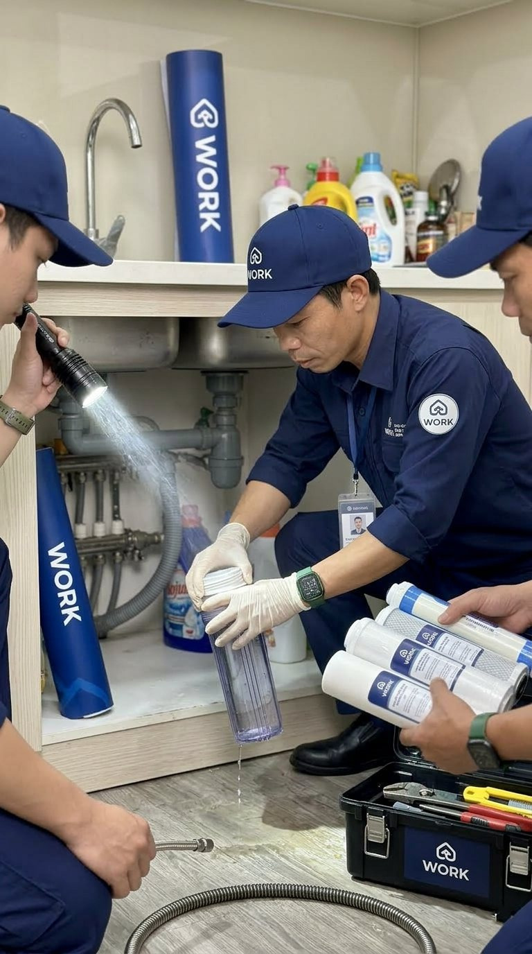 Bảo dưỡng máy lọc nước Kỹ thuật viên kythuat.work bảo dưỡng máy lọc nước dưới gầm bếp