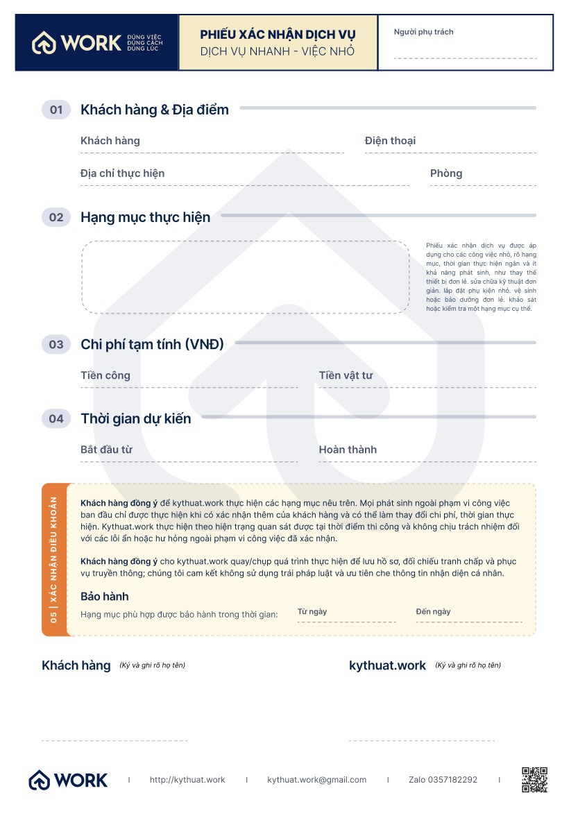 Phiếu xác nhận dịch vụ kythuat.work ghi hạng mục thực hiện, chi phí tạm tính và điều khoản bảo hành