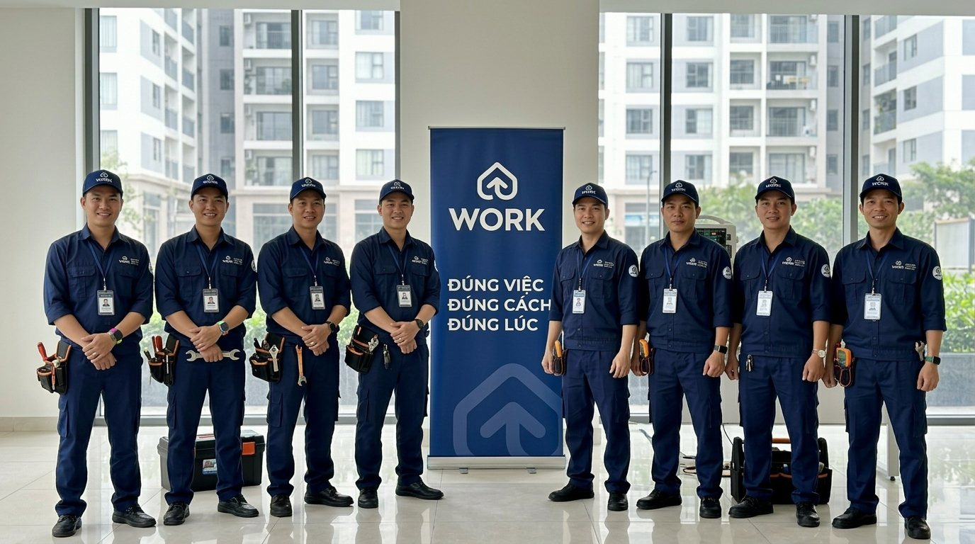 Standee và backdrop navy kythuat.work đặt ở sảnh chung cư trong ngày ra quân của đội kỹ thuật