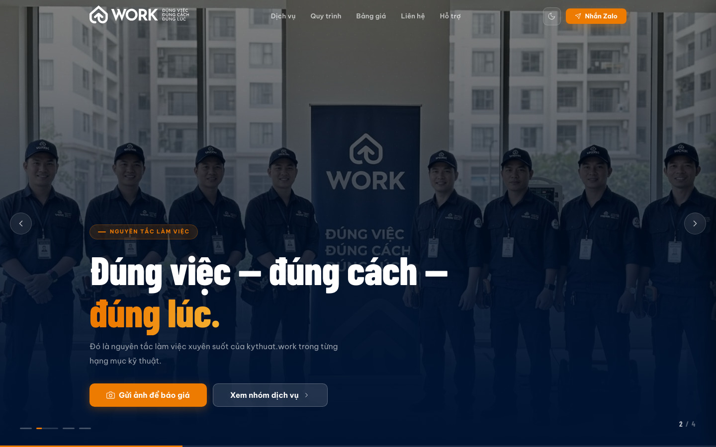Trang chủ kythuat.work trên màn hình desktop, mở bằng nút gửi ảnh để báo giá