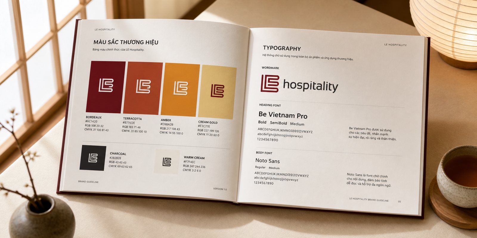 Bảng hệ màu đất và kiểu chữ của LE Hospitality