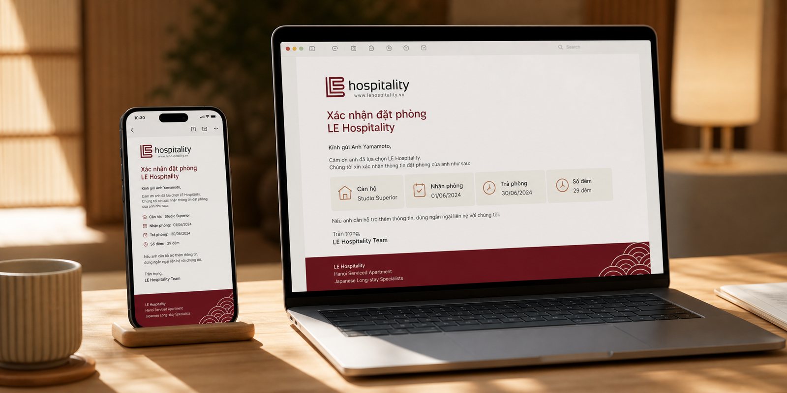 Mẫu email thương hiệu LE Hospitality trên điện thoại và máy tính