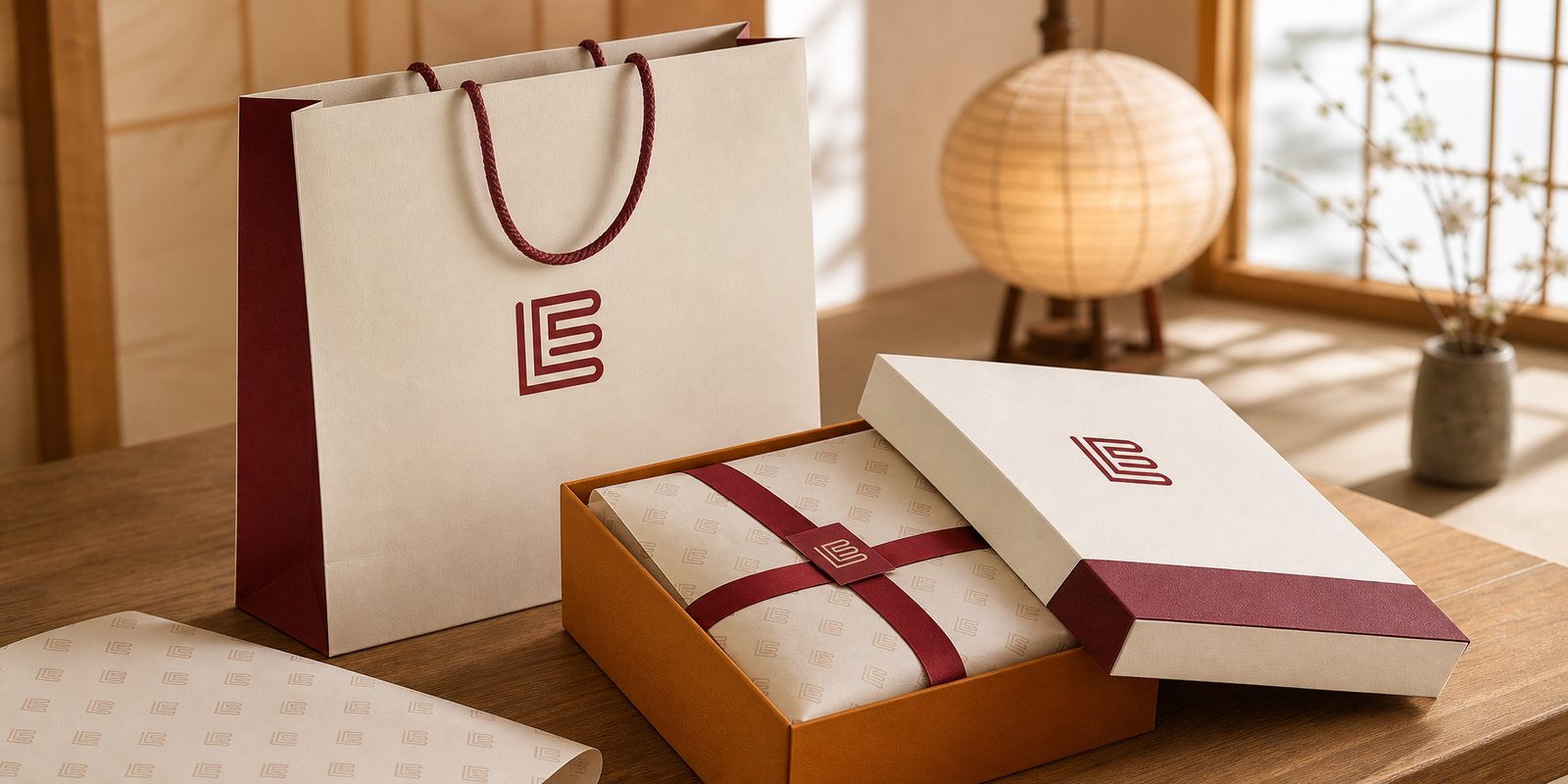 Bộ quà tặng LE Hospitality: túi giấy, hộp và giấy gói mang monogram và màu đất