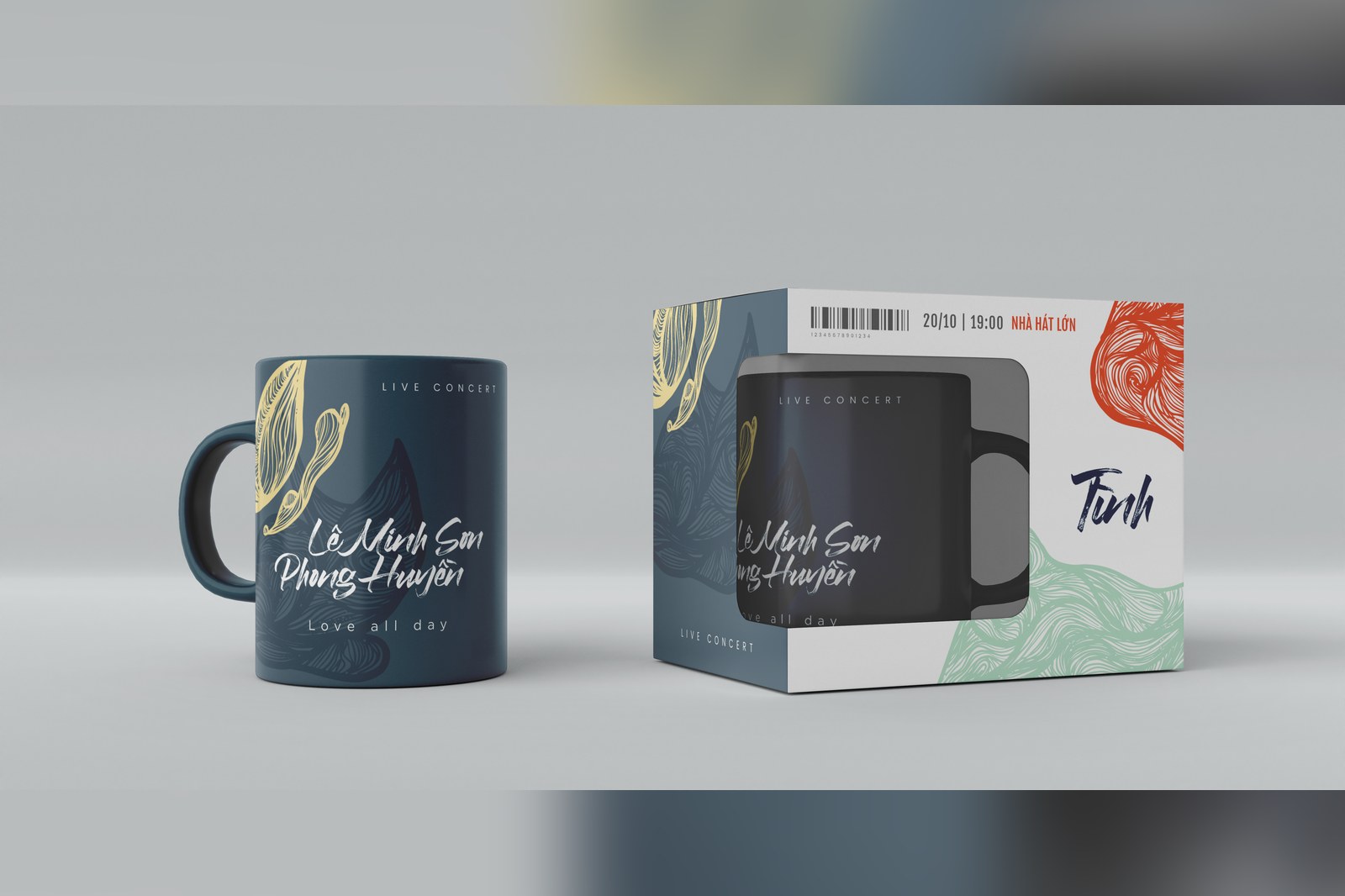 Cốc sứ quà tặng in mô típ album Tình đặt cạnh hộp đựng in cùng hệ hình